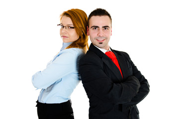 Businessman and businesswoman working in one team