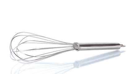 Metal whisk for whipping eggs isolated on white