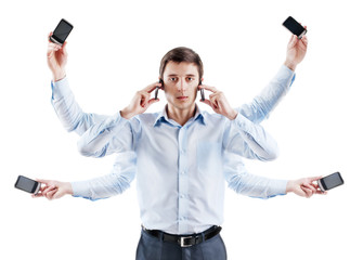 young businessman with six hands and with phone in each hand