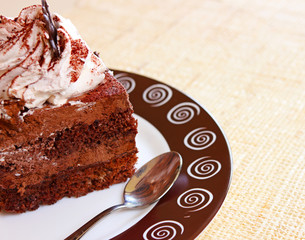 Closeup of home-made brown cake with white cream
