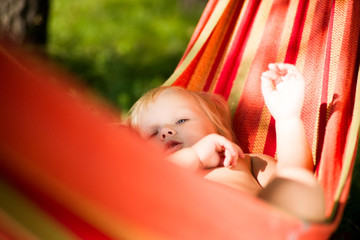 Adorable baby lie in hammock resting under trees