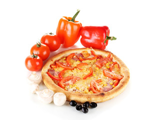 Aromatic pizza with vegetables and mushrooms isolated on white