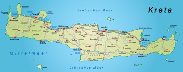 Autobahnkarte von Kreta in pastellgruen