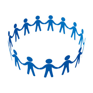 手をつなぎ円陣を組む人々