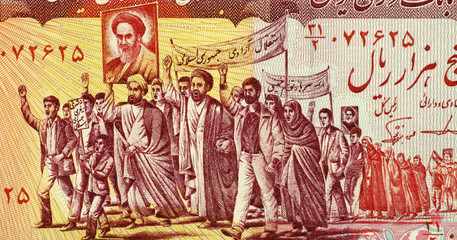 Obraz premium Mullahs Leading Marchers Carrying Posters of Khomeini