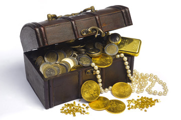 treasure chest with euro money and gold