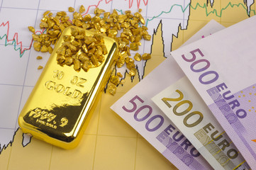 gold bar, nuggets and euro