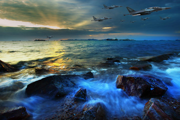 jet plane flying over sea coast on dusky time