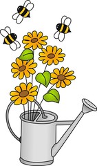 Watering can with flowers and bees