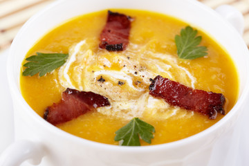 Pumpkin soup with smoked bacon