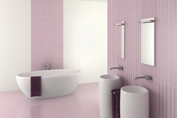 Obraz na płótnie Canvas purple modern bathroom with double basin and bathtub