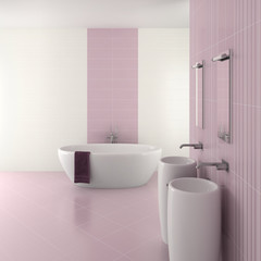 Fototapeta na wymiar fioletowy nowoczesna łazienka z podwójną umywalką i wanną