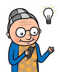 Old woman using or learning how to use a cell phone