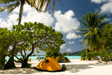 Camp on the paradise tropical beach, Maupiti, French Polynesia