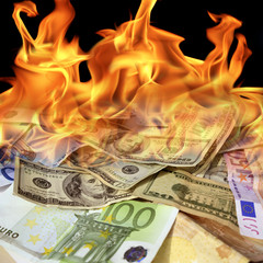 an image of  dollar and euro bills on fire