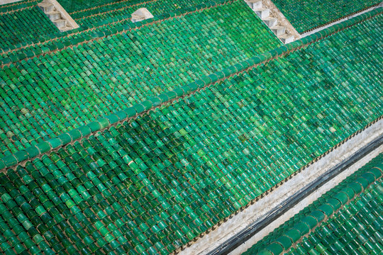 Green tile roof of islamic mosque, Fes (Fez), Morocco