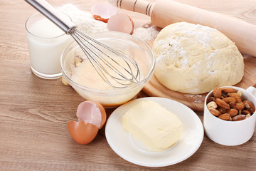 Ingredients for the dough wooden table