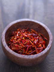 close up of a bowl of dried chili flakes