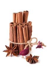 Cinnamon bundle and anise, white background