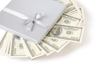 Silver gift box full of dollar bills, isolated on white