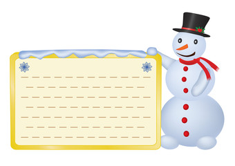 snowman with greetings card over white vector illustration