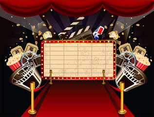 Illustration of theatre marquee with movie theme objects.