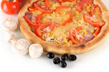 Aromatic pizza with vegetables and mushrooms close-up isolated