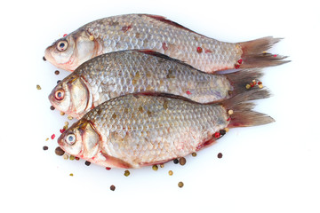 Fresh fishes with pepper isolated on white