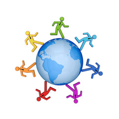 Colorful 3d small people running around the Earth.