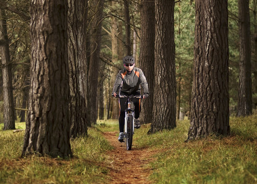 Man practicing mountain biking in the forest