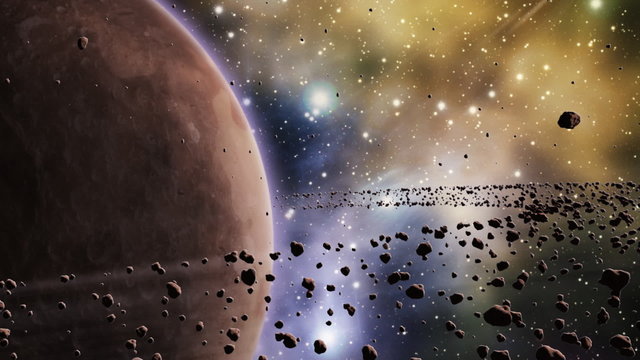 Space scene with asteroid ring around planet