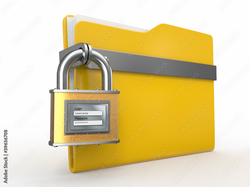 Aufkleber secured files. folder and padlock with login and password