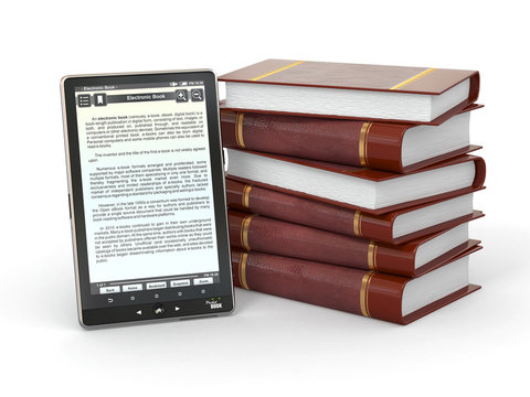 E-book reader and  stack of books. 3d