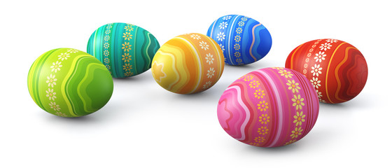 Colorful painted easter eggs spread on white background