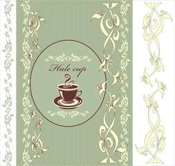 Floral ornament with cup in green color and  in retro style