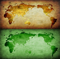 World map on background retro brown and green