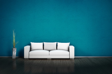 3d Sofa vor texturierter türkisfarbener Wand