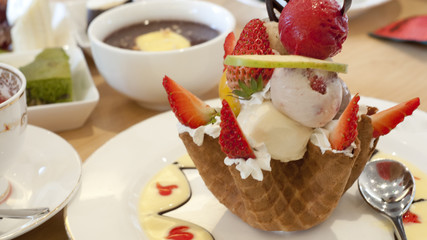 Ice Cream strawberry on crispy waffle.