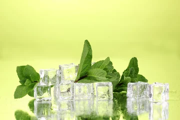 Poster Frisches Minzblatt und Eiswürfel mit Tröpfchen auf grünem Hintergrund © Africa Studio