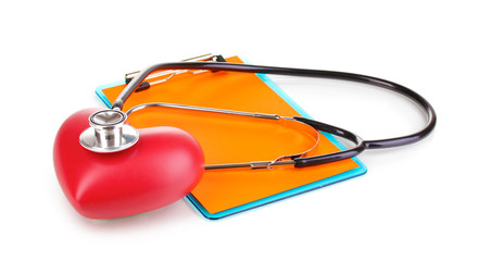 Stethoscope, heart and blank clipboard isolated on white