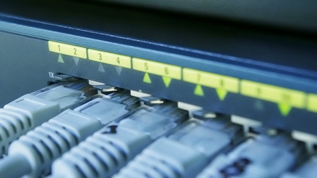 closeup shot of cables in network switch