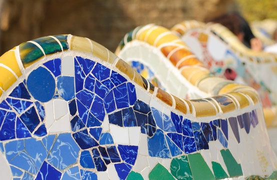 Detail of mosiac bench in Park Guell, Barcelona