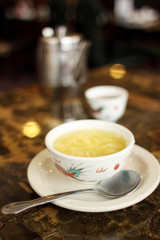 Bowl of egg flower soup at a Chinese restaurant.