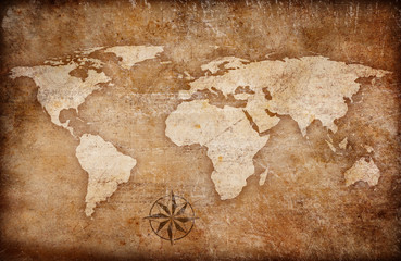 grunge world map background with rose compass