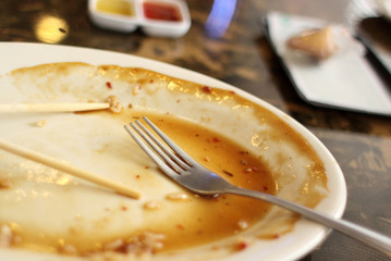 Empty plate of food at a Chinese restaurant.