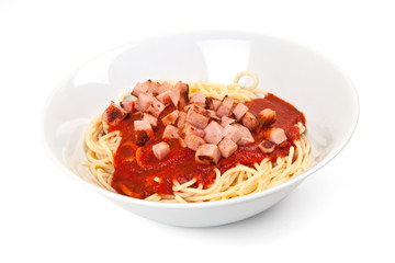 Spaghetti, Tomatensoße und Jagdwurst