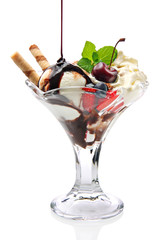 Ice cream in glass bowl with chocolate sauce and cherry