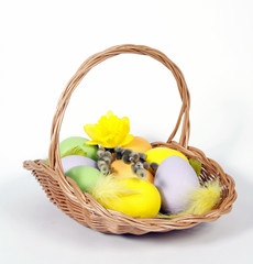 The Easter basket with eggs and flowers