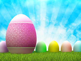 Easter background - colored eggs on blue background