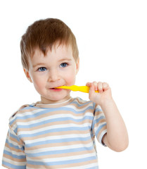 baby cleaning teeth and smiling, isolated on white background